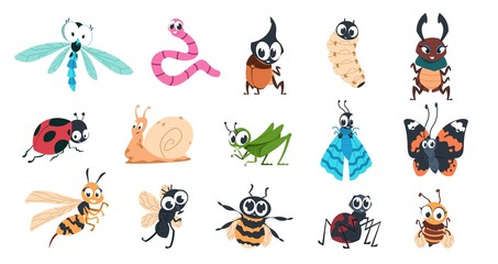 Funny bugs. Cartoon cute insects with faces, caterpillar butterfly bumblebee spider larvae colorful characters. Vector designs illustration smiling creature with eyes for learning children © SpicyTruffel