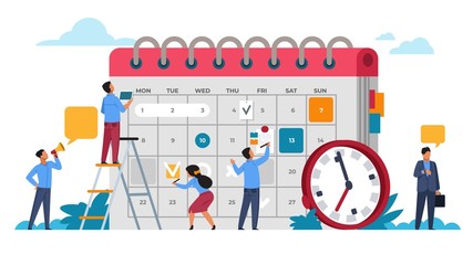 People planning concept. Entrepreneurship and calendar schedule planning with filling course campaign. Vector illustrations business meeting and events organizing process office working - obrazy, fototapety, plakaty