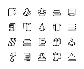 Towels and napkins line icons. Paper tissues bathroom and toilet towel, textile serviette and doily. Vector images blank hand dryer toilet paper rolls line set like kitchen napkin