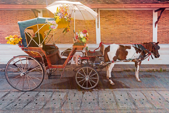 The horse carriage in Lampang at Wat Phra That Lampang Luang , Lampang province in LAMPANG THAILAND.