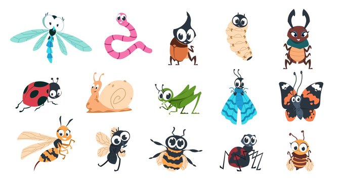 Funny bugs. Cartoon cute insects with faces, caterpillar butterfly bumblebee spider larvae colorful characters. Vector designs illustration smiling creature with eyes for learning children