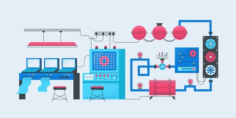 Smart factory concept. Modern industrial manufacturing factory manufacturing it computing production process. Modern conveyor machine automation work without operator vector illustration