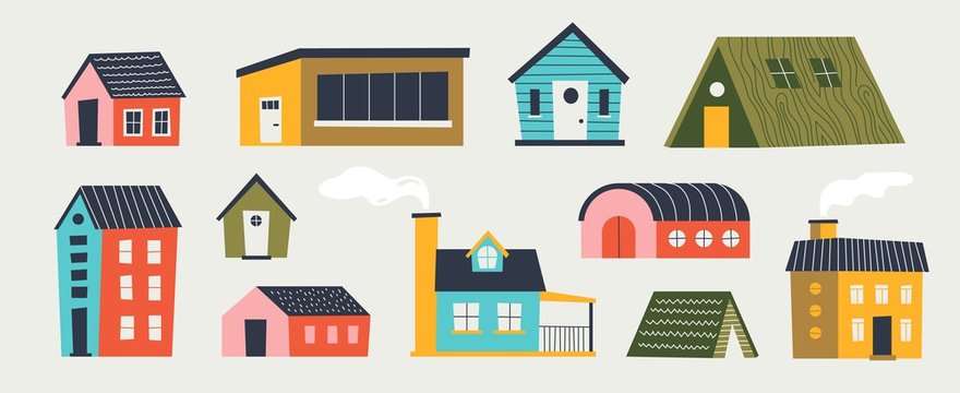 Trendy houses. Cartoon tiny buildings with hand drawn textures trees and weather elements with different roof. Vector illustration paper cut flat colored design for funny games interface