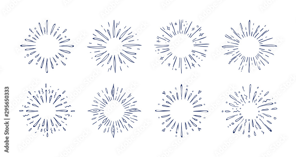 Poster doodle pop rays. hand drawn starburst decorative elements, line sketch frame for greeting cards and 