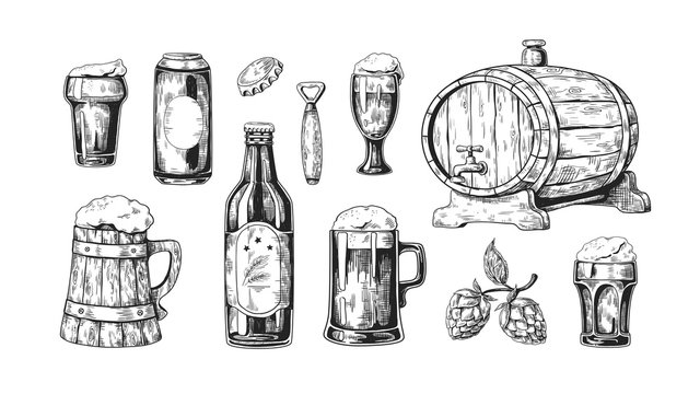 Hand drawn beer. Vintage wooden and glass pub mugs with bear and alcoholic beverages with bubble foam. Vector illustrations drink in bottle and wood cask with ingredients set on white background