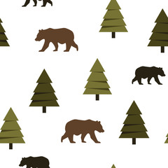Vector seamless pattern of trees and bears. Great for woodland themed backgrounds, home decor, children's fashion.