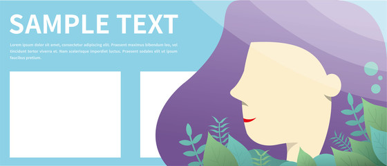 Happy Women and gradation fantasy color leaves in falt style. Horizontal card format for web banner or header.