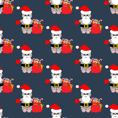 Cat in Santa Claus costume in snowball seamless pattern