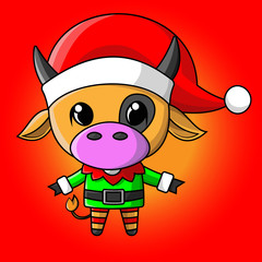 Illustration of cute cartoon cow wearing a Christmas costume