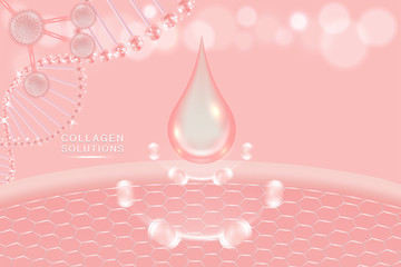 Hyaluronic acid skin solutions ad, pink collagen serum drop with cosmetic advertising background ready to use, illustration vector.	