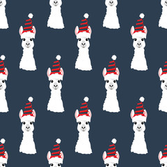 Llama in Christmas hat seamless pattern