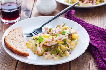 traditional german potato salad with sausage and pickled cucumbers, horizontal