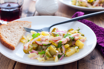 traditional german potato salad with sausage and pickled cucumbers, horizontal