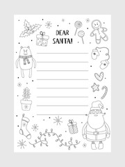Cartoon Christmas wish christmas items. Coloring page. A letter to Santa Claus template. Christmas background with a place for Christmas gifts for Santa wish list. Vector illustration.
