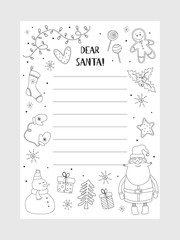 Cartoon Christmas wish christmas items. Coloring page. A letter to Santa Claus template. Christmas background with a place for Christmas gifts for Santa wish list. Vector illustration.