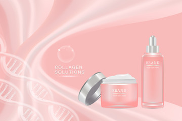 Beauty product ad design, pink cosmetic containers with collagen solution advertising background ready to use, luxury skin care banner, illustration vector.	