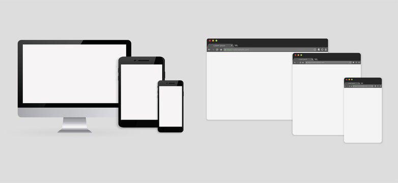 Set Of Browser Interface On Laptop, Tablet And Phone. Simple Browser Window, Flat Vector.