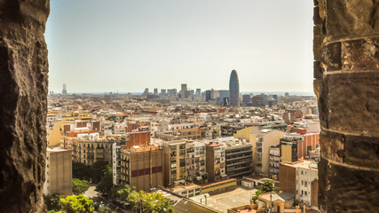 Barcelona daytime Torre Glories Catalunya Spain touristic amazing view - obrazy, fototapety, plakaty