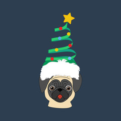 Pug in christmas hat illustration