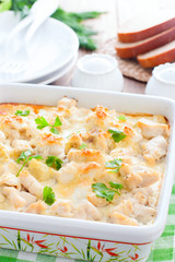 Cauliflower and chicken fillet casserole, selective focus