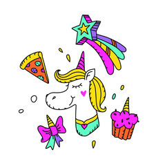 Illustration of a magical unicorn with a yellow mane. Vector. Cartoon hero cute horse with a horn. Kawaii character. Existing mythical creature with pizza and muffin. Sticker for girls.