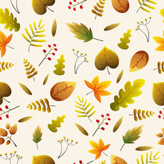 Seamless pattern of autumn leaves and flowers with beige background. Vector illustration.