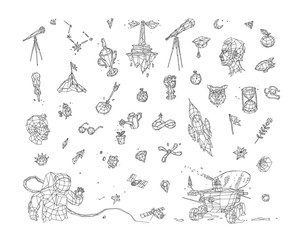 Illustration in low poly style. Vector. Drawings and icons on the theme of the kosmos and business. Metaphors. Spyglass, satellite, arm, moon rover and other icons. © ae