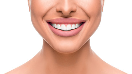 Close up photo of smiling woman. Tooth whitening concept.
