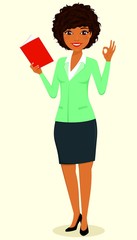 The concept, young black girl, the businessman. The girl reads a book and makes a gesture. Business and Finance. Character. Flat style on white background. Cartoon.