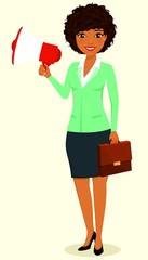 The concept, young black girl, the businessman. Girl holding a megaphone in his hand . Business management. Business and Finance. Character. Flat style on white background. Cartoon.
