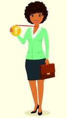 The concept, young black girl, the businessman. Girl holding a gold medal in her hand. Success in business. Business and Finance. Character. Flat style on white background. Cartoon.