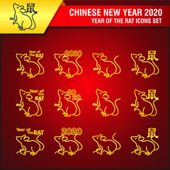Set of chinese new year of the rat 2020, outline style, trendy, simple and meaningful design