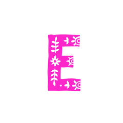 Letter E. Vector. Pink letter with ornament. Applique for clothes. Logo for the company.