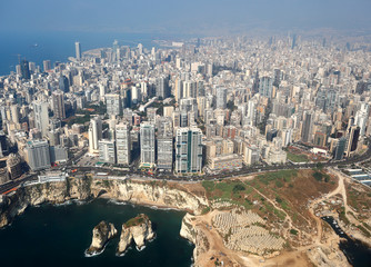 Obraz premium Beirut, Aerial View of the city and its famous Pigeon Rocks - Lebanon