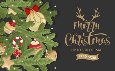 Festive discount card with Christmas tree and toys. Vector illustration.