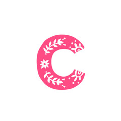 Letter C.   Pink letter with ornament. Applique for clothes. Logo for the company.
