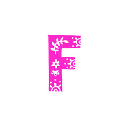Letter F. Vector. Pink letter with ornament. Applique for clothes. Logo for the company.