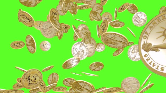 Rain of American gold coins. Iron us dollar. Isolated green screen background.