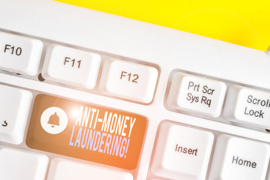 Handwriting text writing Anti Money Laundering. Conceptual photo regulations stop generating income through illegal actions White pc keyboard with empty note paper above white background key copy