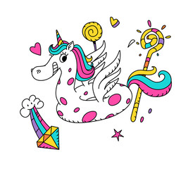 Fototapeta na wymiar Illustration of a magical unicorn in the form of a rubber ring. Cartoon hero cute horse with wings. Kawaii character. Mythical creature, symbolizes chastity. Sticker for girls.