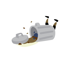 Illustration of a trash can. Trash spilled out of the tank. Character for stickers and garbage cleaners. Scattered and trash. It is forbidden to litter.