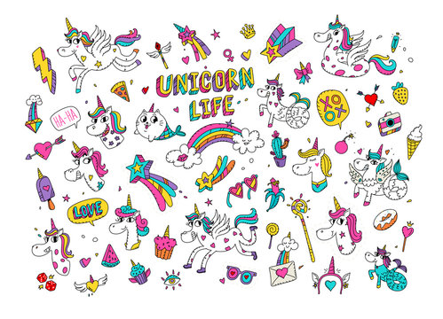 Illustrations of a magical unicorn. Cartoon horse world with a horn. Cat Mermaid. Kawaii characters. Mythical creatures with accessories. The pattern of bright images. Congratulations to the girls.