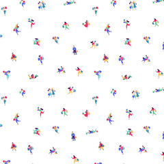 Pattern of little men shoppers. On a white background figures of people. Ironic style. Pattern for fabric or clothes.