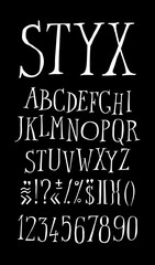 The ordinary alphabet in English.  White chalk font on a black background. All letters are saved separately. Full character set. Ironic style.