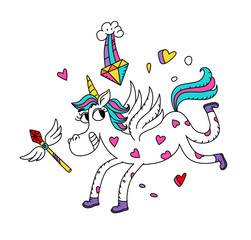 Illustration of a magic unicorn. Cartoon hero cute horse with a horn. Kawaii character. Mythical creature, symbolizes chastity. Sticker with an ironic animal.