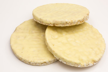 heap of puffed white chocolate rice cakes