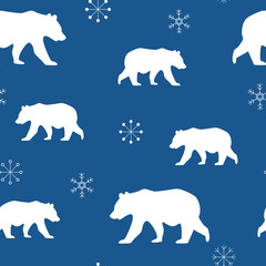 Vector seamless pattern of polar bears and snowflakes on a blue background. Great for home decor, gift wrap, children's textiles, notebook covers.