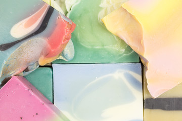 bars of eco friendly solid shower gel to avoid plastic packaging - zero waste concept