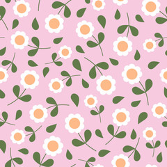 Vector seamless pattern of retro geometric daisies on a pink background. Great for wrapping paper, kitchen decor and bedroom decor.