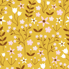 Vector seamless pattern of white, pink and brown flowers and vines on a mustard yellow background. Great for textiles, gift wrap, bed covers, textiles, stationery designs, gardening items.